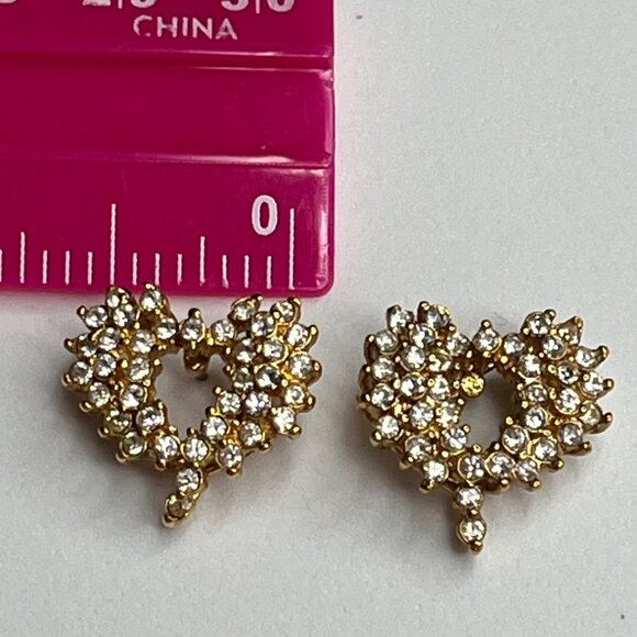 Vintage Gold Heart-Shaped Rhinestone Earrings Stud Jewelry - Picture 4 of 6